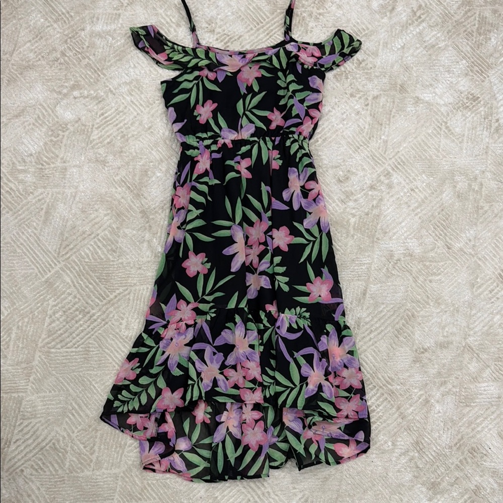 Floral Off-Shoulder Dress - Black and Pink